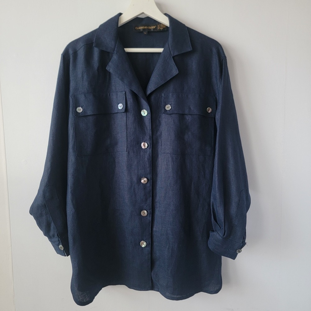 Classiques Entier women's 100% linen button front shirt size L coastl beacy